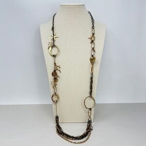 Chicos Long Mixed Metal Nautical Charm Necklace Starfish Coral Beachy